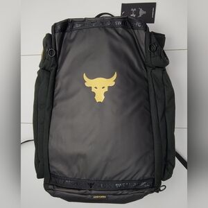 Under Armour UA Project Rock Duffle Backpack Bag Black Gold 1376459-002 New